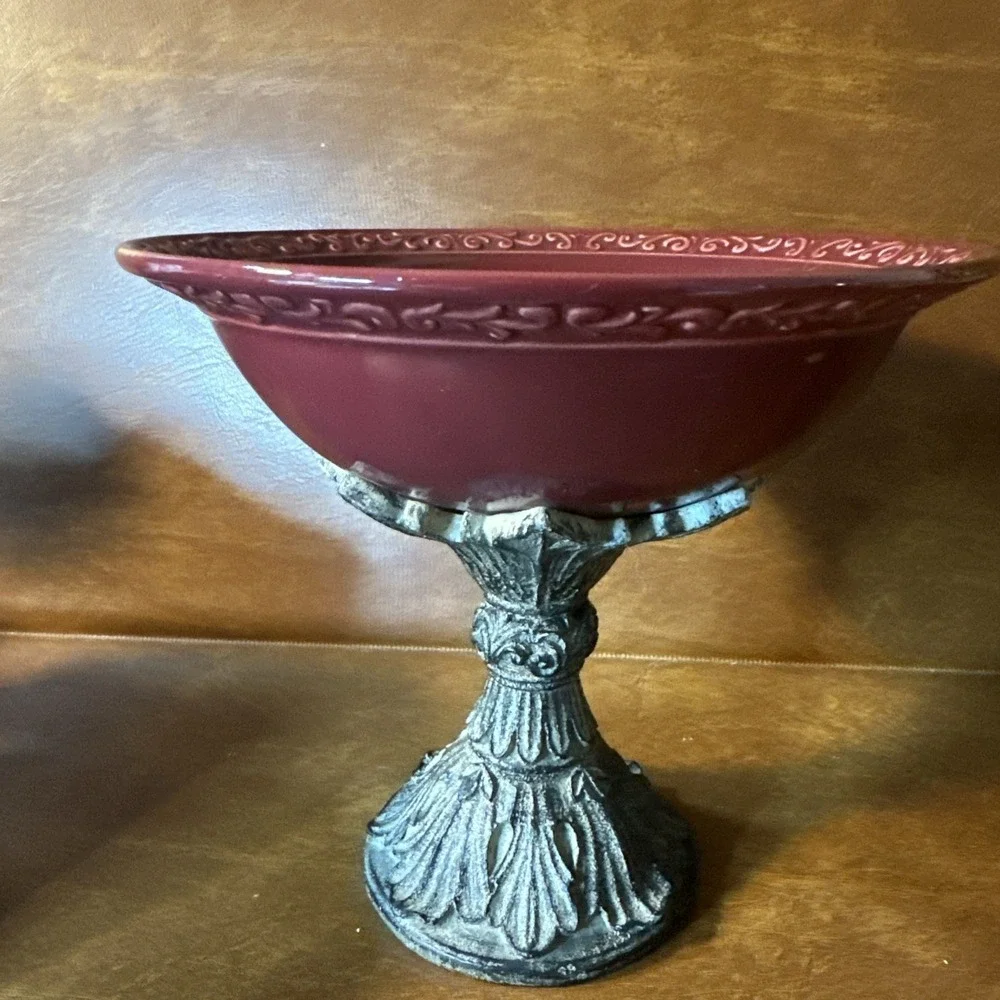 Drake Design Pedestal Bowl Compote Tuscan Scroll Fleur De Lis Oxblood Red